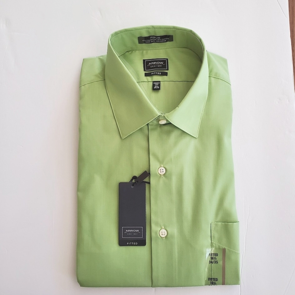 Arrow Men's long sleeve button down green dress shirt with pocket Fitted 16 1/2